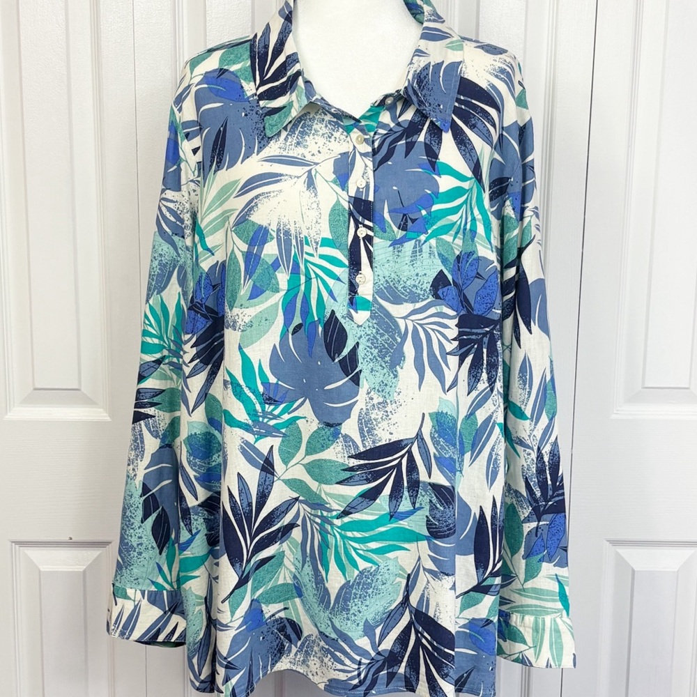 D&Co. Naturals Blue Multi Tropical Palm Leaf Print Linen Popover Shirt 2X
